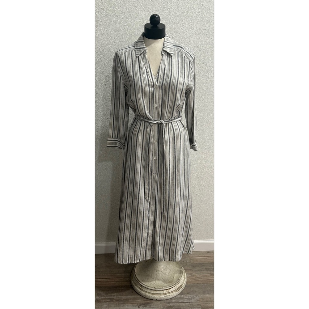 Inc International Women’s Striped Button-Down Dress Sz 10 White Gray Linen Blend